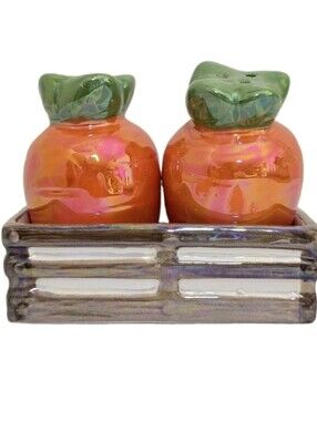 y2k PUBLIX Ceramic Salt Pepper Carrots Shaker w/Holder  Iridescent Orange Easter